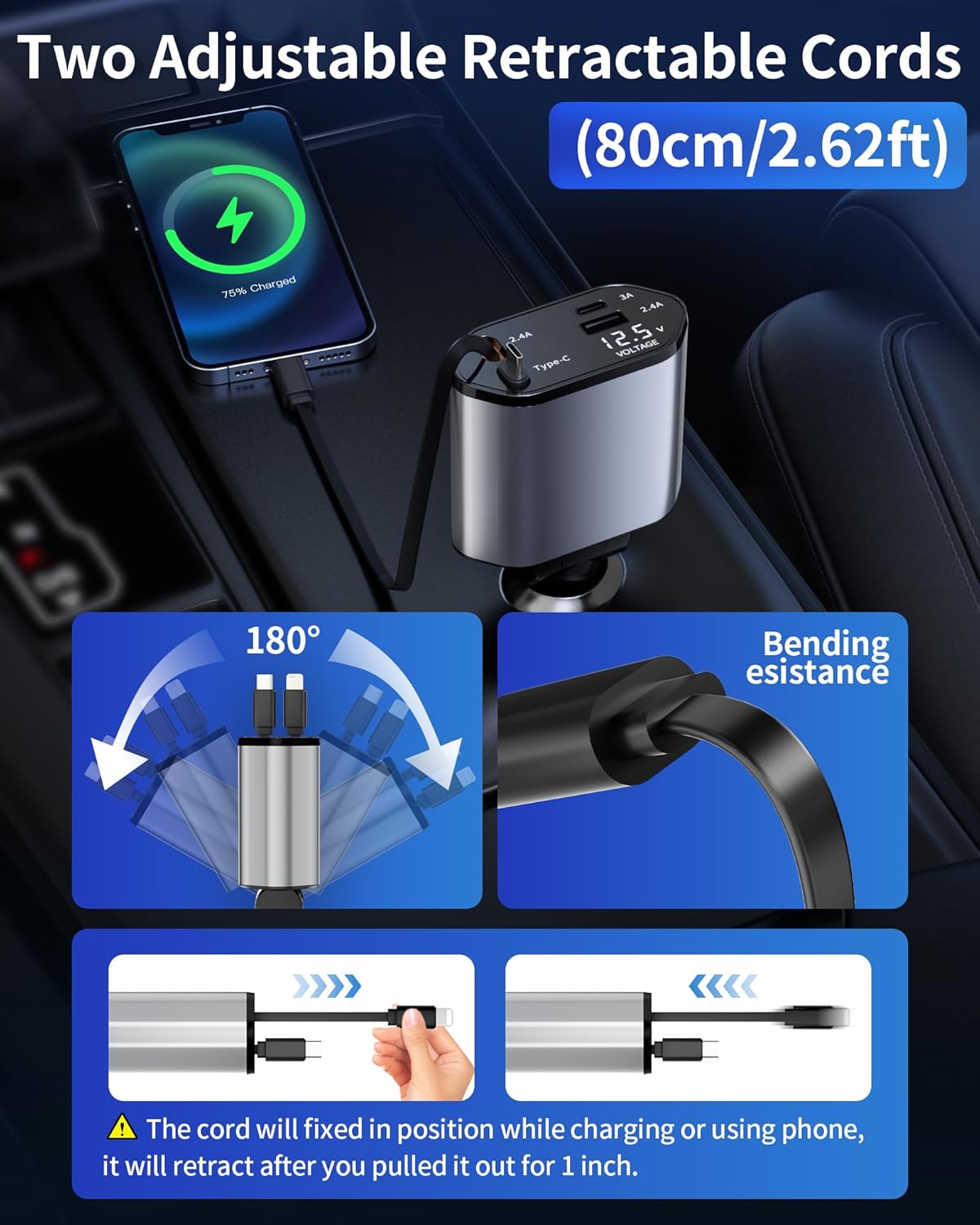 🚗⚡Cargador de Coche Retráctil 4 en 1 – Carga Rápida 120W