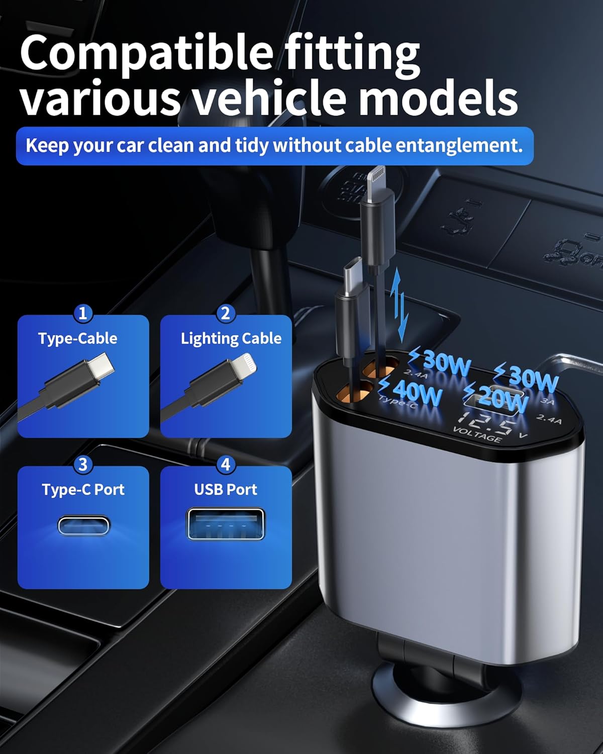 🚗⚡Cargador de Coche Retráctil 4 en 1 – Carga Rápida 120W