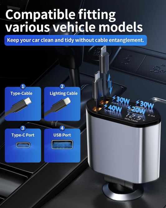 🚗⚡Cargador de Coche Retráctil 4 en 1 – Carga Rápida 120W